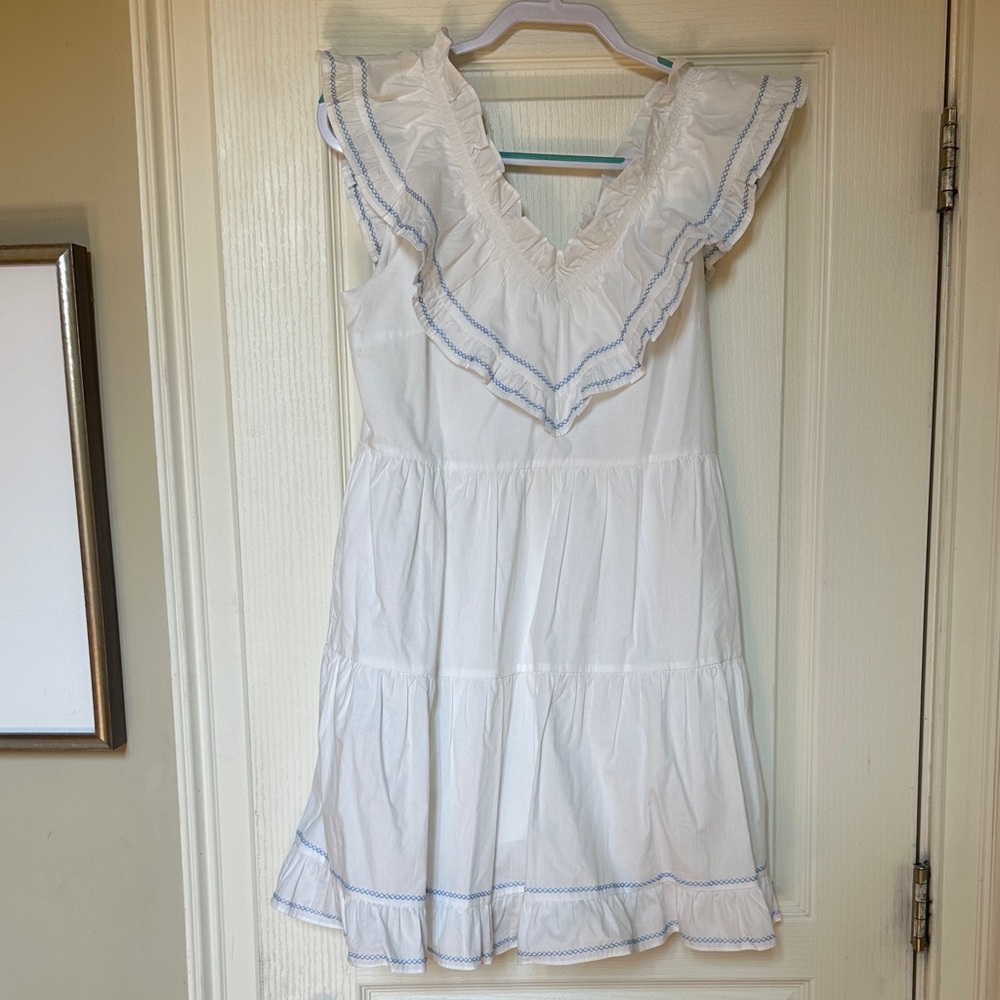 English Factory Ruffled White Mini Dress with Blue Trim